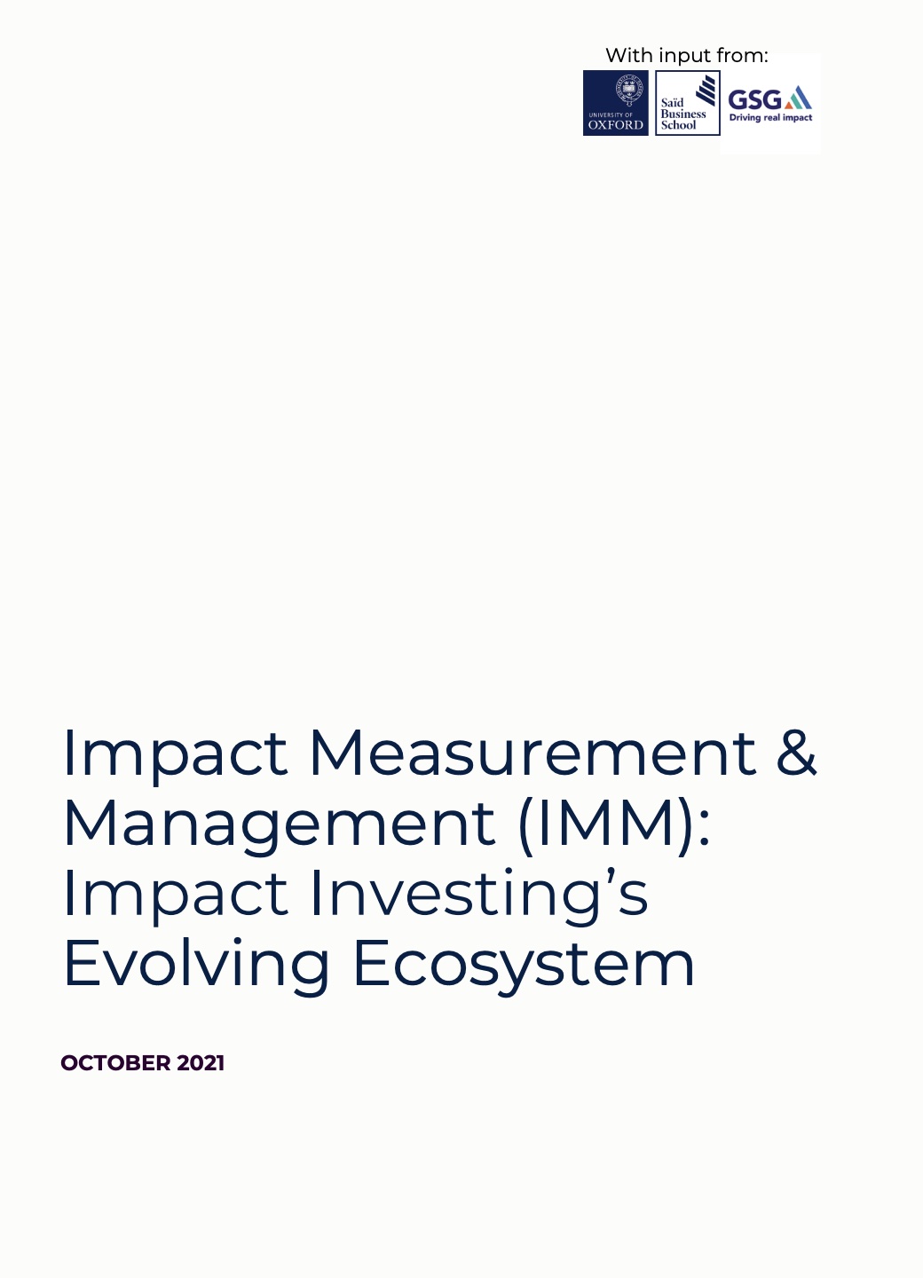 Impact Measurement & Management (IMM) Impact Investing's Evolving Ecosystem